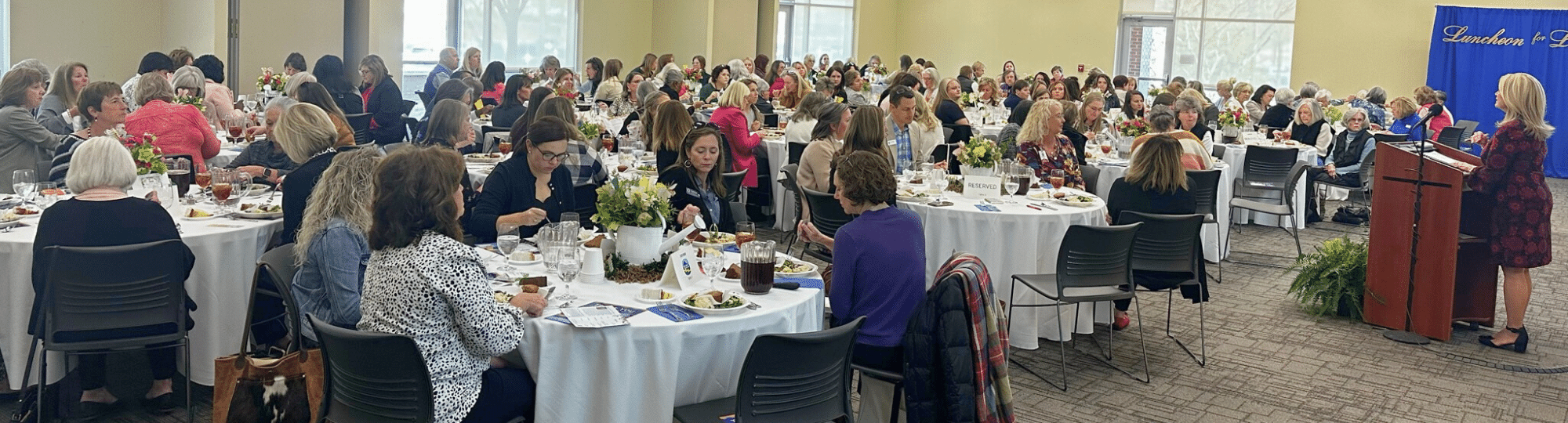Luncheon for Literacy attendees at tables listening to presenter