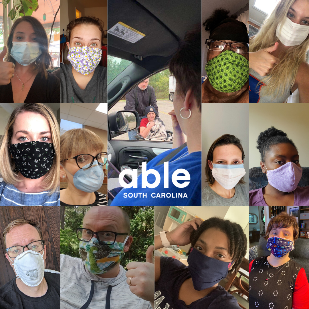 "Collage of people wearing masks with able sc logo in center"