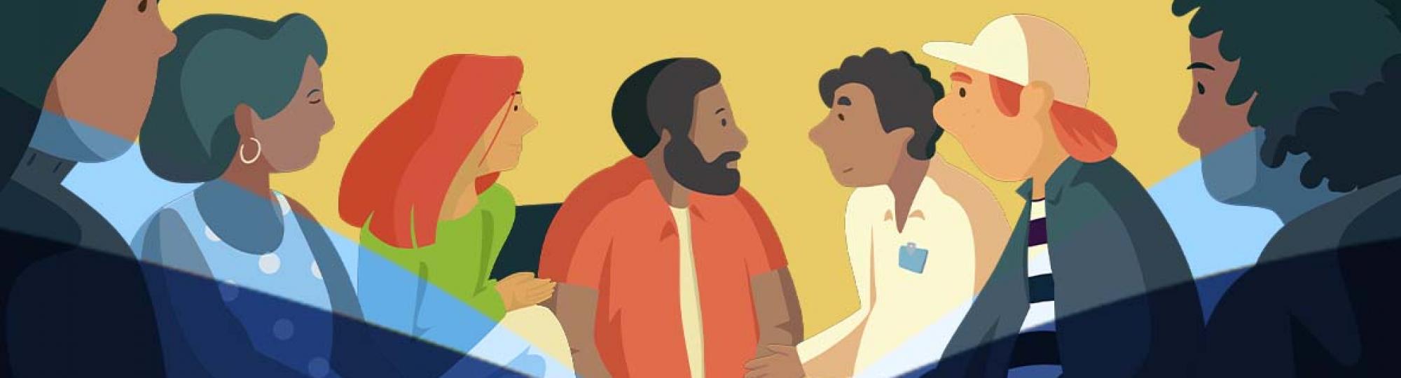 Illustrated image of several people talking in a group and offering support.