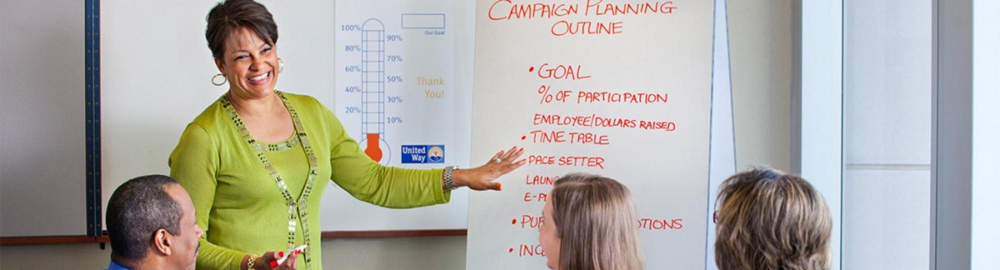 Team prepares workplace campaign plan.