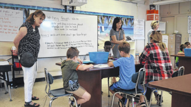 Julie Capaldi, left, in a class room at Camp iRock’s campus in Pickens at Pickens Elem.