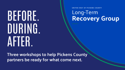 graphic of Before. During. After. Three workshops to help Pickens County partners be ready for what comes next. And the Long Term Recovery Group logo.