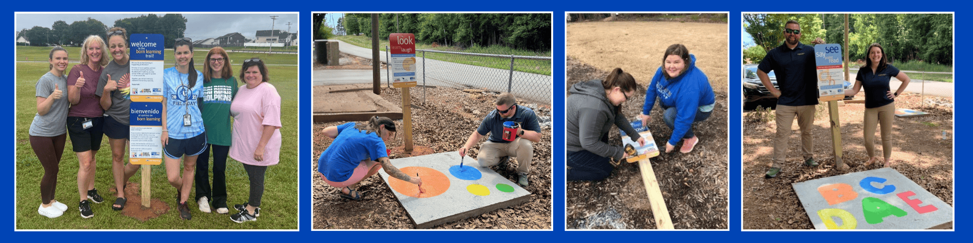 Four pictures of volunteers refreshing Born Learning Trails