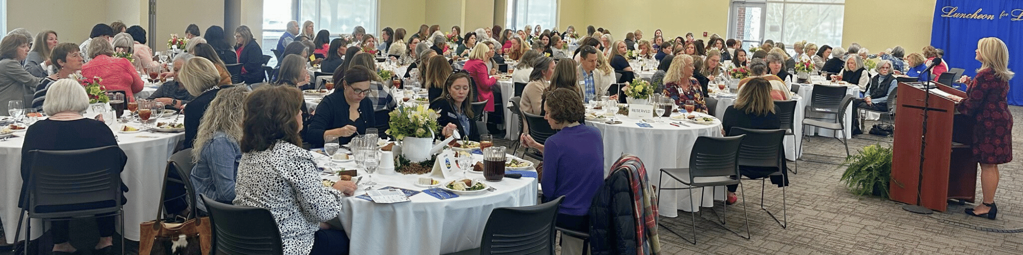 Luncheon for Literacy attendees at tables listening to presenter